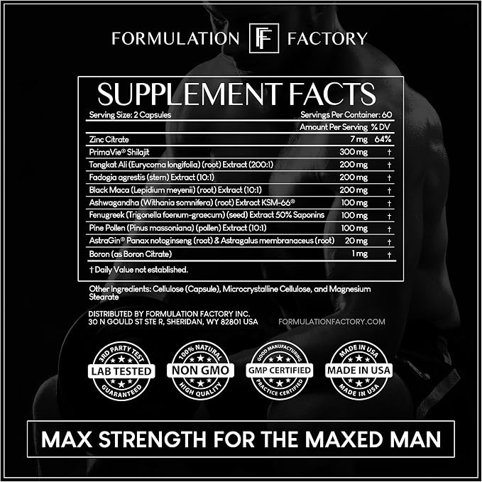 Formulation Factory Self Obsessed Maxxed Male Support - PrimaVie Shilajit, KSM-66 Ashwagandha & 200:1 Tongkat Ali Extract - Advanced Vitality & Drive Complex - 360 Capsules, 6 Month Supply