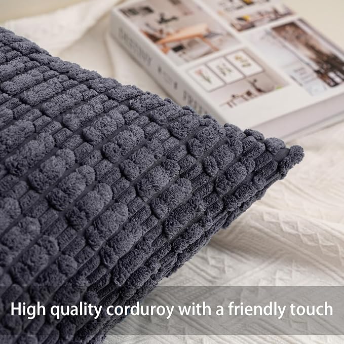 Pack of 2 Corduroy Decorative Throw Pillow Covers 16x16 Inch, Dark Grey | Fall Soft Striped Pillow Covers Modern Farmhouse Home Decor Christmas Throw Pillow Covers for Sofa Living Room Couch Bed