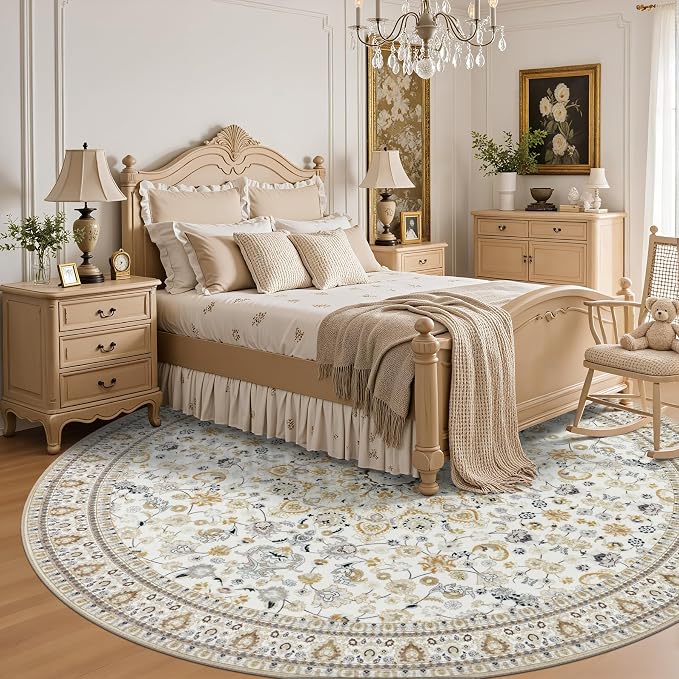 Round Area Rug for Living Room: 8 ft Washable Vintage Boho Soft Thin Circle Rug Indoor Floor No Slip Stain Resistant Carpet for Bedroom Dining Room Farmhouse Nursery Home Office - Beige