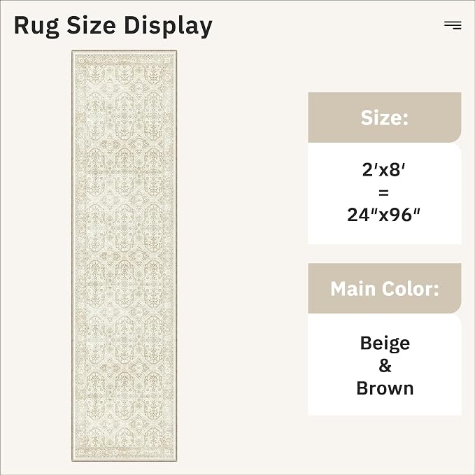 Soalmost Runner Rug 2x8 Washable Hallway Kitchen Runners Beige/Brown | Non-Slip Vintage Rugs for Bathroom Laundry Room, Soft Low Pile Foldable Floor Carpet Mat for Entryway Corridor Bedroom