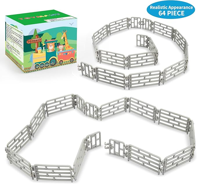 Toymany 64PCS Mini Toys Fence for Farm Animals - Tiny Horse Corral Plastic Fencing for Farm Barn Paddock Horses Figurines for Kids Toddlers