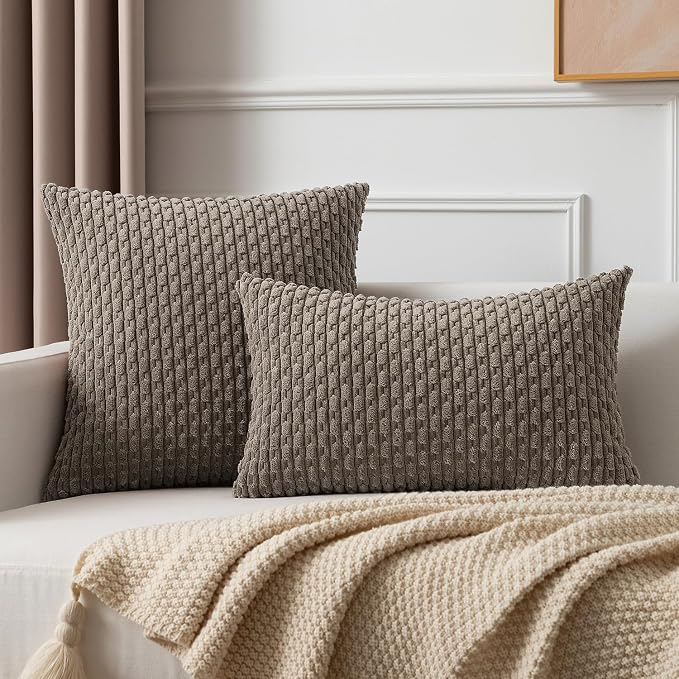 Kevin Textile Soft Corduroy 12"x24" Lumbar Pillow Cover 1 Pack, Light Brown | Boho Stripe Plush Corduroy Decorative Oblong Cushion Cover Modern Farmhouse Home Decor for Sofa Couch Bed Chair