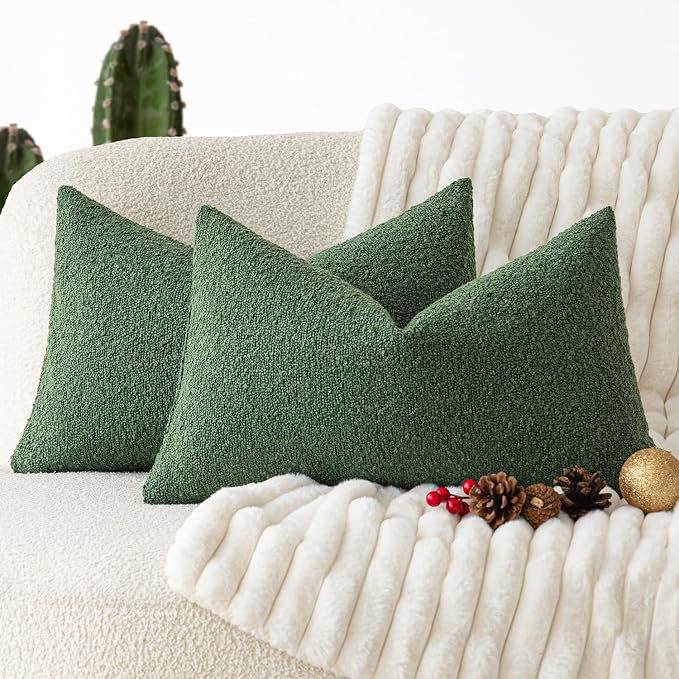 Foindtower Pack of 2 Textured Boucle Throw Pillow Covers Accent Solid Decorative Lumbar Pillow Cases Cozy Couch Cushion Case for Chair Sofa Bed Living Room Home Decor 12 x 20 Inch Hunter Green