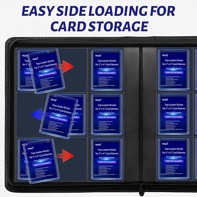 Toploader Binder Holds 324 Toploaders - 20 Toploaders|Waterproof PU Leather + Anti-Yellowing PP Inserts | Ridge Tab Sorting Portable top loader binder for cards(For Sports/Game Cards)