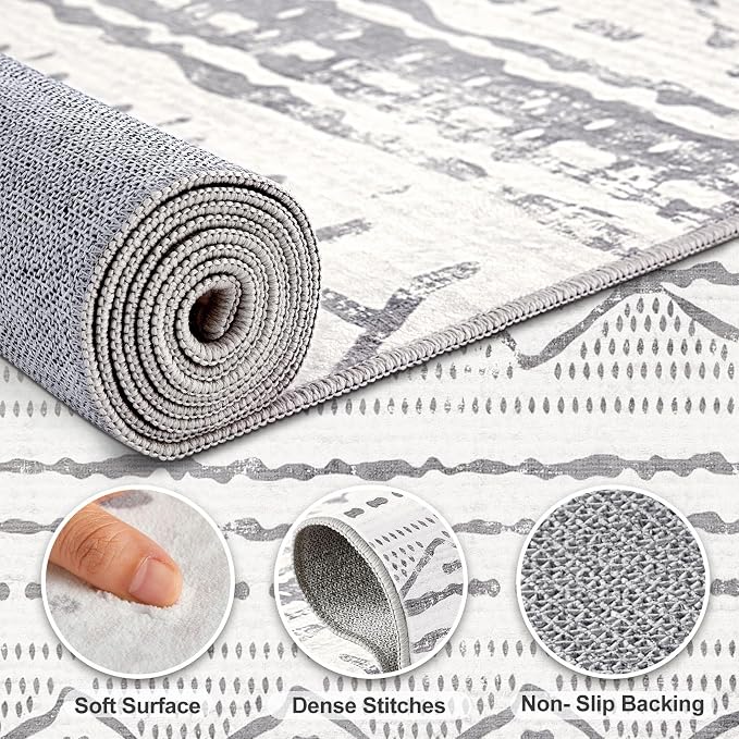 Nakagishi Boho 5x7 Area Rug Living Room Rugs Machine Washable Grey White | Soft, Pet & Kid Friendly, Carpet for Living Room/Bedroom/Office/Kitchen/Nursery, Daily Home Decor Stain Resistant Moroccan