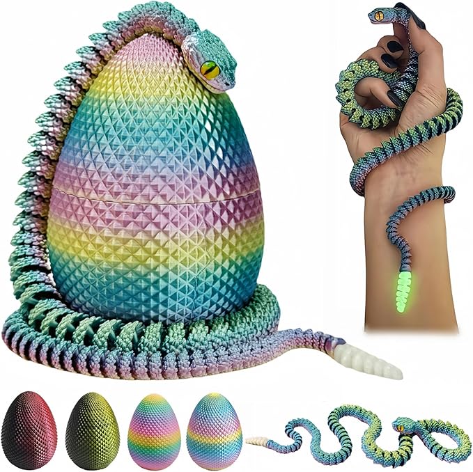 3D Printed Snake with Egg Set - 23.23Inch Flexible Articulated Snake with Luminous Tail, 3D Printed Animal Fake Snake Fidget Toys for Kids & Adults (Multicolored)