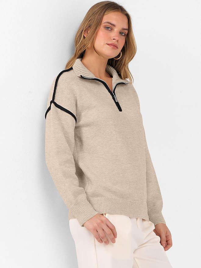 ANRABESS Womens Quarter Zip Sweaters Fall Long Sleeve V Neck Shirts Collared Business Casual Tops Knit Pullover Sweatshirts