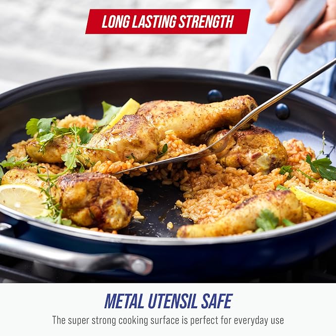 Blue Diamond 14" Diamond Infused Ceramic Nonstick Frying Pan Skillet | PFAS-Free Ceramic Nonstick Jumbo Pan with Helper Handle, Dishwasher & Oven Safe, Durable Metal Utensil Safe, Egg Pan, Blue