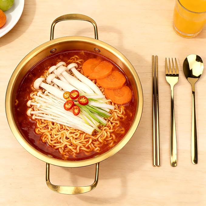2-Pack Stainless Steel Korean Ramen Pot 7" & 7.8" with Lid Utensils | Noodle Cooking Pot Comes with Spoon, Chopsticks & Fork for Soup, Pasta and Daily Cooking