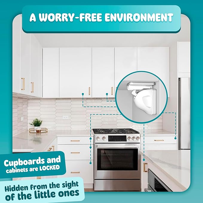 Booboo Baby Magnetic Child Safety Cupboard Locks for Children x10 Locks + x1 Key, Baby Proofing for Kitchen, Cabinets and Drawers, 30 Second Install No Drilling 3M Adhesive (10 Pack)