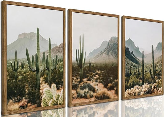 Framed Desert Landscape Wall Art Set of 3, Vintage Southwestern Cactus Wall Decor Paintings, Mexican Mountain Botanical Pictures Canvas Prints for Living Room Bedroom Bathroom Office 12x16 inch