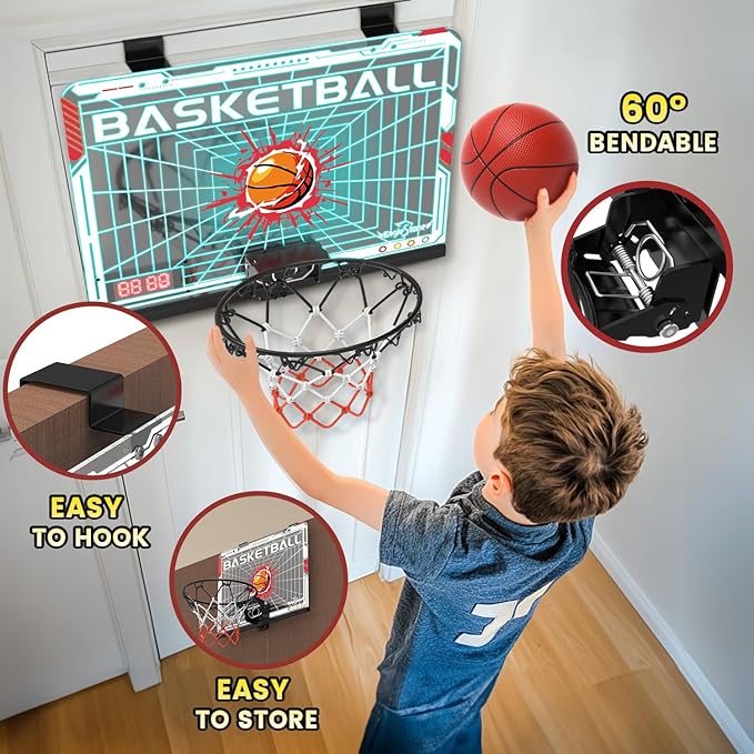 EagleStone Mini Indoor Basketball Hoop with Scoreboard,4 Balls & Pump,Over The Door Bedroom Office Basketball Hoop for 6 7 8 9 10 11 12+ Year Old Kids Boys