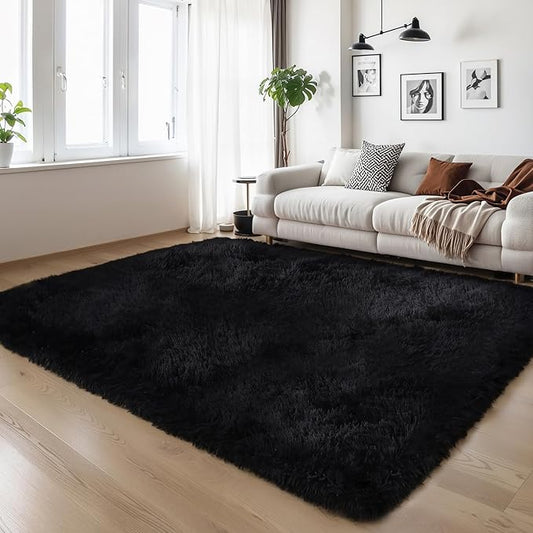 5x8 Thick Black Fluffy Shag Rug for Bedroom, Plush Washable Carpet | Area Rug for Living Room, Kids Nursery, Boys Girls Dorm Room, Non Slip Shaggy Floor Carpet