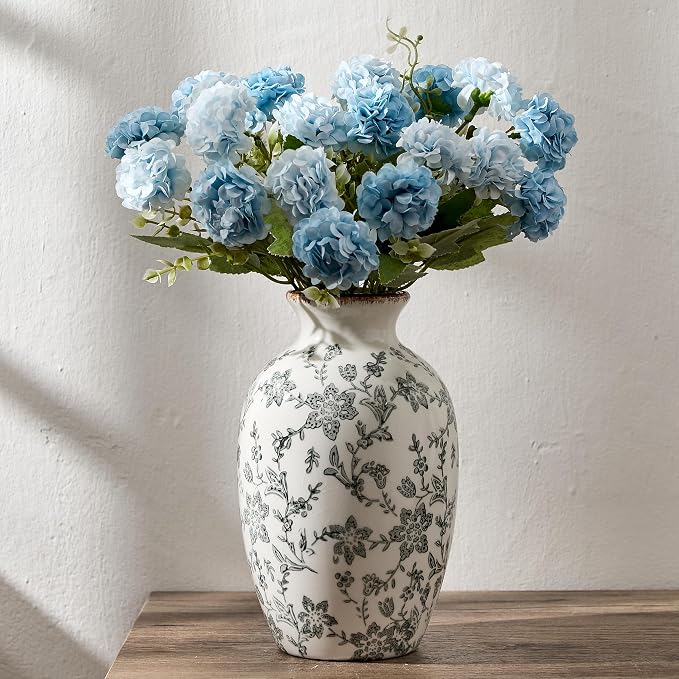 Gray Vintage Chinoiserie Floral Vase, 7.95" Decorative Flower Vase, Modern Farmhouse Ceramic Vase for Home Decor, Living Room, Bookshelf, Office, Entryway, Garden, Chinoiserie Decor, Tuscan Decor