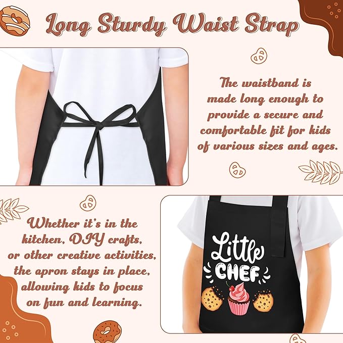 R HORSE Kid Apron and Chef Hat Set - 2Pcs Black Little Chef Adjustable Children Kitchen Toddler Apron with Pockets for Kids, Funny Dress up Pretend Play Toy Birthday Gift for Cooking Baking Painting