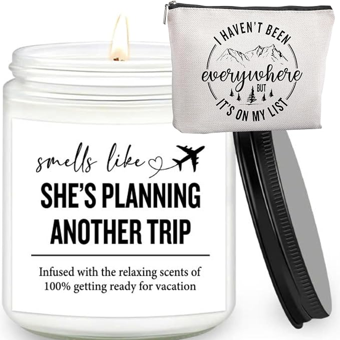 Travel Gifts for Women – 7OZ Scented Candle & Makeup Bag | Mothers Day, Unique Gift for Women, Relaxing Aromatherapy, Stylish Cosmetic Bag for Travelers, Travel Gifts