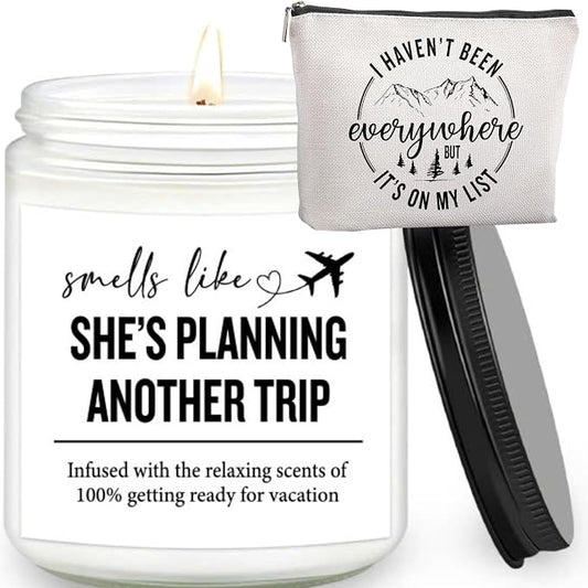 Travel Gifts for Women – 7OZ Scented Candle & Makeup Bag | Mothers Day, Unique Gift for Women, Relaxing Aromatherapy, Stylish Cosmetic Bag for Travelers, Travel Gifts