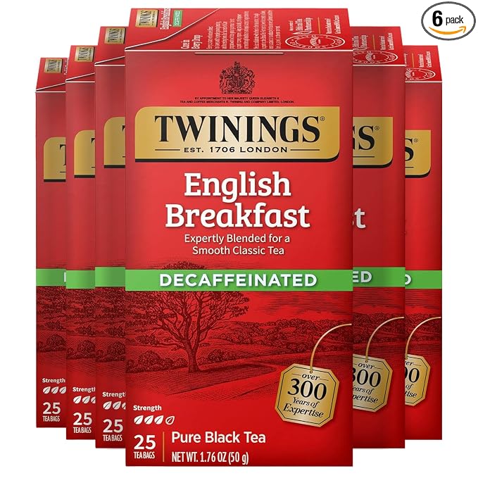 Twinings Decaffeinated English Breakfast Black Tea Individually Wrapped Bags, 25 Count (Pack of 6), Flavourful, Robust, Enjoy Hot or Iced, 150 Teabags