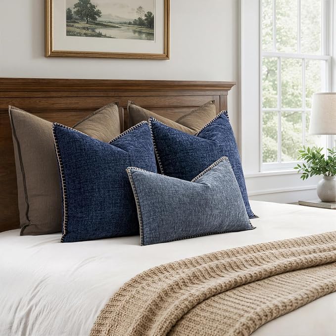 MIULEE Decorative Couch Throw Pillow Covers 18x18 Inch Navy 2 Pack | Farmhouse Pillow Covers with Stitched Edge, Soft Chenille Cushion Cases, for Sofa Bed Living Room Home Decor