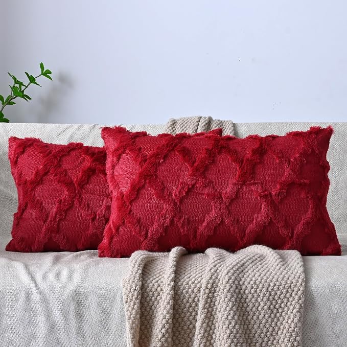 Set of 2 Soft Moroccan Throw Pillow Covers 12x20 Inch Plush Boho Decorative Pillow Cover Accent Cushion Case for Couch Sofa Bed, Burgundy
