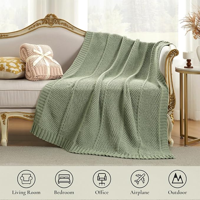 Knit Throw Blanket, Soft Chenille Cozy Breathable Chevron Chunky Decorative Blanket for Couch, Bed & Sofa, French-Inspired Lightweight Warm Gift for Women, Sage Green, 60"x80"