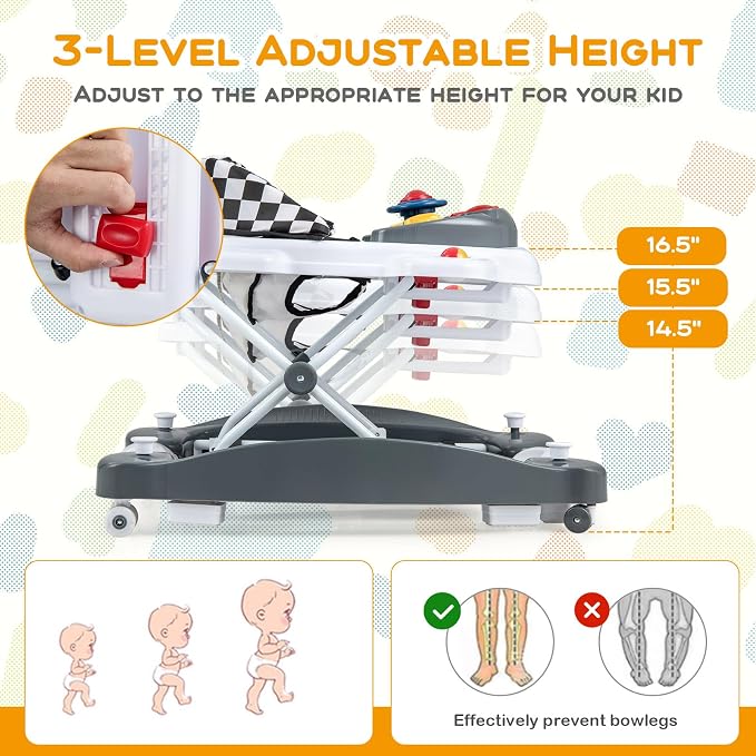 BABY JOY 6-in-1 Baby Walker, Foldable Baby Walker with Wheels, Adjustable Height, Music, Lights, Bouncer & Rocker Mode, Baby Walkers for Boys Girls 6-14 Months (Gray)
