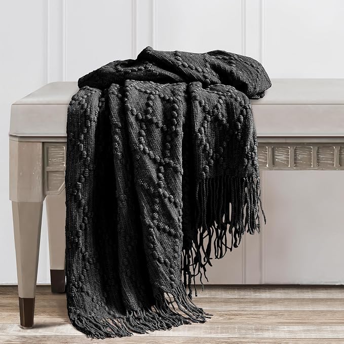 BOURINA Black Throw Blanket 50 x70 Inch Jacquard Throw Knitted Blanket | Jacquard Argyle Throw Textured Solid Soft Throws and Blankets for Sofa or Bed Knitted Decorative Blanket