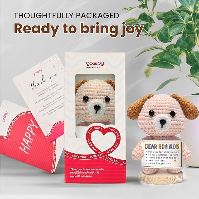 Gossby Handmade Positive Dog Crochet with Message - Gift for Dog Mom - Thank You for Being My MOM - Mothers Day, Christmas, Birthday Gift for Pet Lover Women - Knitted Decor