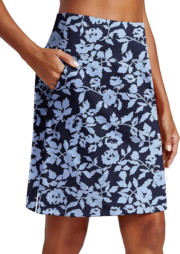 PINSPARK 20" Skorts for Woman Knee Length UPF 50+ Golf Skirts | 4 Pockets, Built-in Shorts, High Waisted, Split Hem, Silky-smooth, Moisture-wicking, for Golf Athletic Tennis Workout Casual