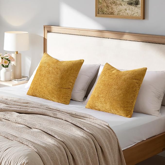 MIULEE Decorative Couch Throw Pillow Covers 22x22 in Mustard Yellow 2 Pack | Modern Boho Accent, Soft Chenille Pillow Covers, Farmhouse Cushion Cases for Home Decor Bed Sofa Living Room