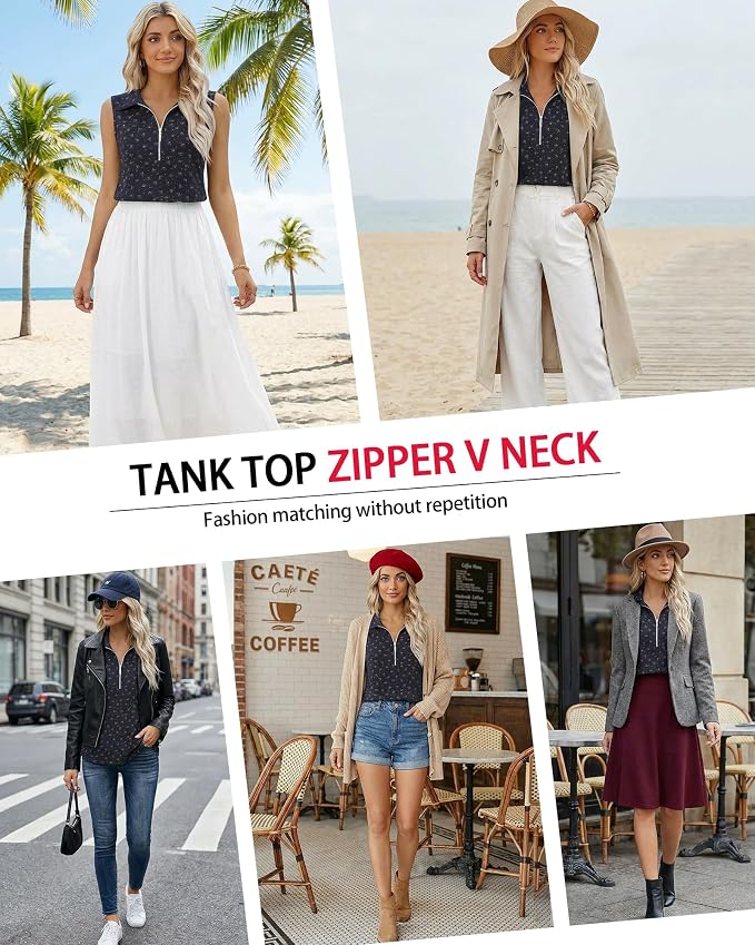 Vivilli Womens Ribbed Tank Top Zipper V Neck Dressy Casual Blouses Sleeveless Camisole Tops Work Tank Polo Shirts