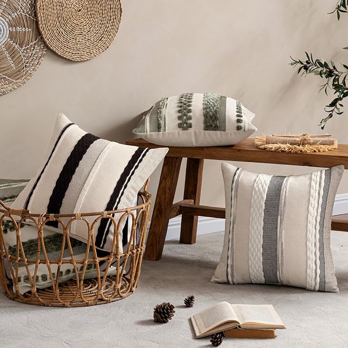 ANRODUO Boho Decorative Pillow Covers 20x20 Pack of 2 Black-White Stripe 2 | Throw Pillow Covers, Farmhouse Cushion Case, Chenille Pillow Cases, Pillow Covers, Neutral Pillowcase for Sofa Couch Bed