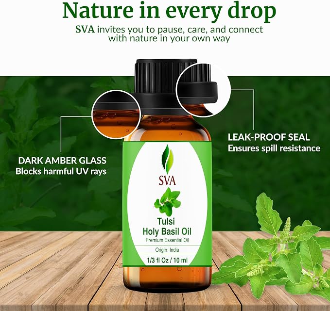 SVA Holy Tulsi Essential Oil 1/3 Fl Oz – for Diffuser, Skin & Hair Care – Ideal for Massage & DIY Blends
