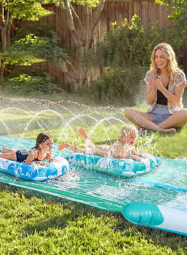 JOYIN 22.5FT Water Slide and 2 Inflatable Boards, Extra Long Heavy Duty Double Lawn Waterslide with Sprinkler for Kids Adults Backyard Summer Water Toy Outdoor Fun, Blue, Light Blue