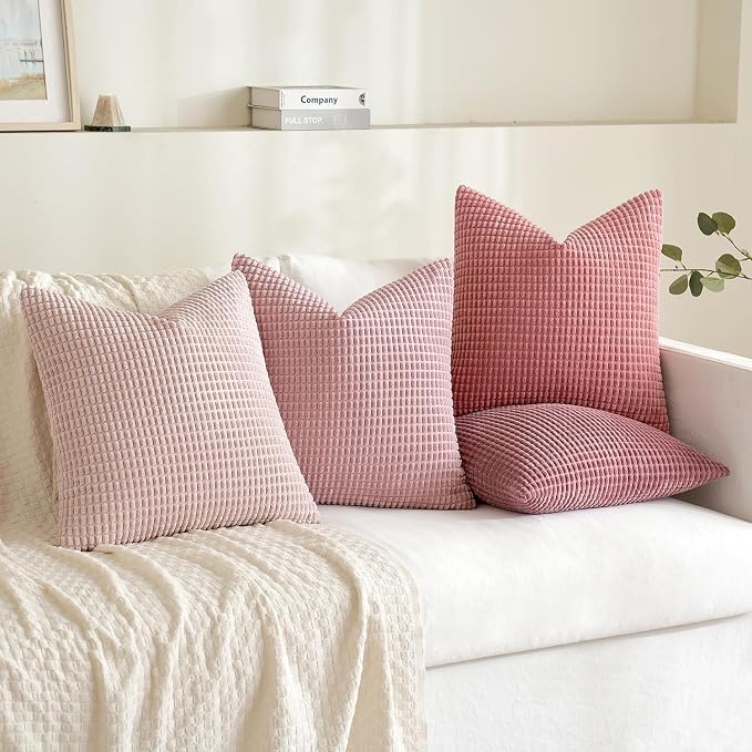 MIULEE Decorative Pillow Covers 18x18 Inch Set of 4 Aesthetic Pink | Romantic Sweet Cute Throw Pillows, Coquette Home Decor, Soft Corduroy Couch Pillowcases, Sofa Living Room Bed