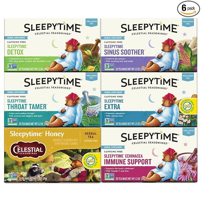 Celestial Seasonings Wellness Tea Sleepytime Variety Pack, Detox, Sinus Soother, Throat Tamer, Sleepytime Extra, Honey, Immune Boost, Caffeine Free Sleep Tea, 20 Tea Bags (Pack of 6)