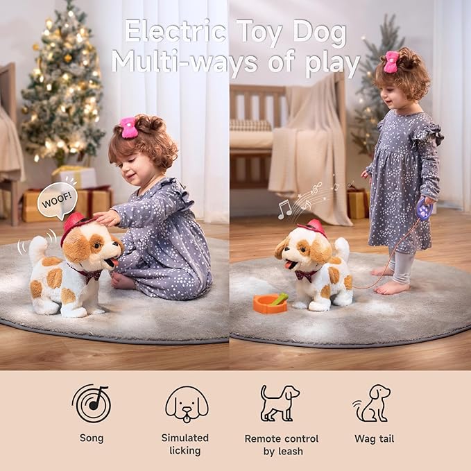 OR OR TU Walking Barking Toy Dog with Remote Control Leash, Plush Puppy Electronic Interactive Toys for Kids, Wag Tail, Singing, Pretend Dress Up Realistic Stuffed Dog Age 3 4 5 6 Years Old Best Gift