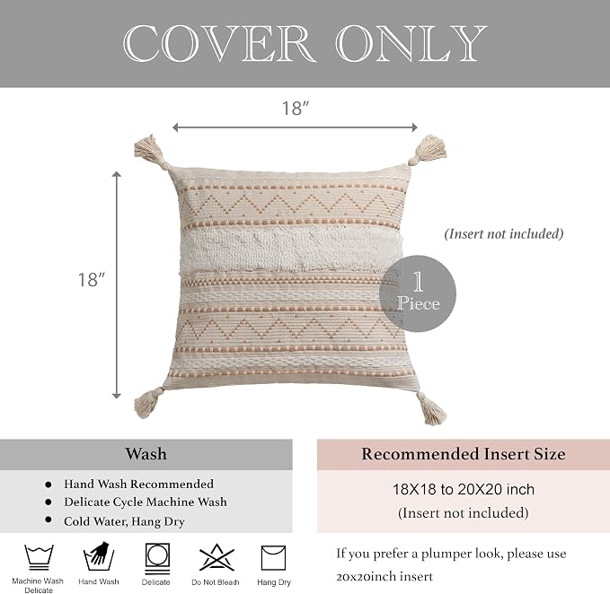 18X18 Throw Pillow Cover, Cream Neutral Beige Square Decorative Cushion Cover, Boho Accent Pillowcase with Tufted Details and Tassels for Couch Sofa Living Room(Cover Only)