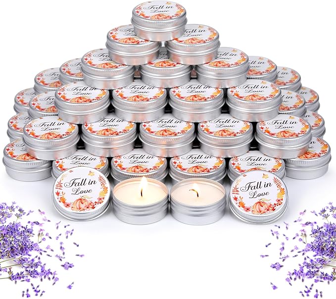MTLEE 50 Pcs Wedding Candles Gift Favors for Guests 1 Oz Lavender Scented Soy Wax Aromatherapy Candle Favors for Bridal Shower Rustic Wedding Party Guests (Fall in Love)