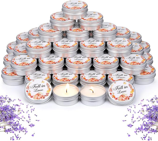 MTLEE 50 Pcs Wedding Candles Gift Favors for Guests 1 Oz Lavender Scented Soy Wax Aromatherapy Candle Favors for Bridal Shower Rustic Wedding Party Guests (Fall in Love)
