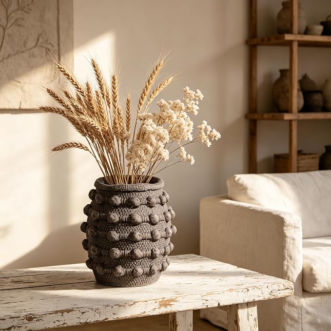 Rustic Farmhouse Vase, Boho Brown Vases for Pampas Grass Small Textured Knotted Vase for Flowers Decorative Cement Floral Vases for Home Decor, Living Room, Dining Table