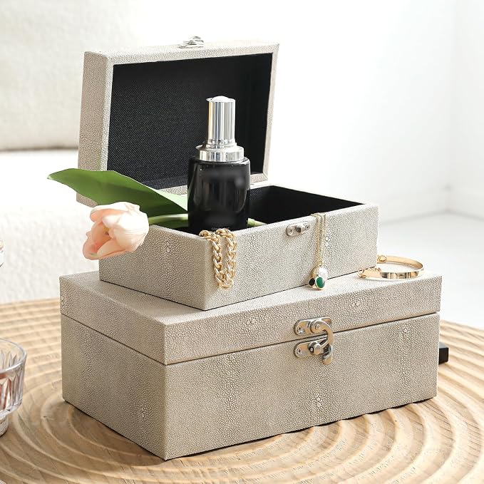 DECOR4SEASON Faux Shagreen Leather Decorative Storage Boxes Set of 2, Ivory | For Keeping Precious Keepsakes, Trinkets, Jewelry And Other Small Items Organized