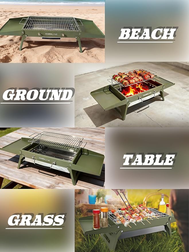 Charmline 15 x 11 inches Portable Charcoal BBQ Grill, Foldable Compact Camping Barbecue for 2–4 People, Ideal for Garden, Beach, Picnic & Tabletop Use, Green