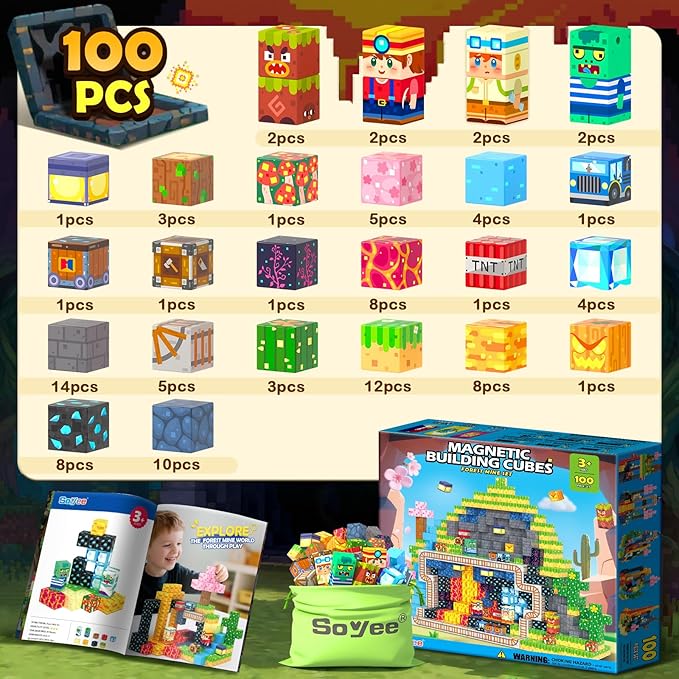 Magnetic Blocks 100 PCS Building Toys for Ages 4-8 9-12 3-5 Forest & Mine Theme Magnet Building Cubes STEM Sensory Toys for Kids Ages 3 4 5 6 7 8 9 10 11 12 Year Old Boys Girls Birthday Gifts