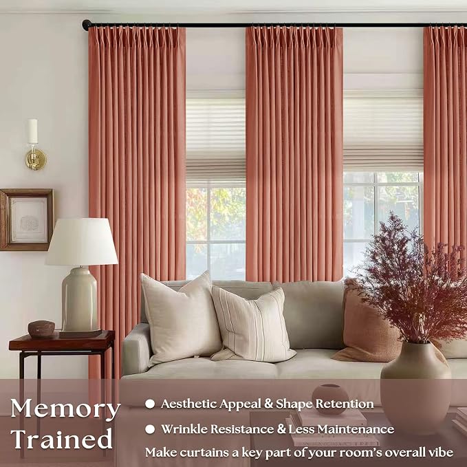 Firebrick 80 Inch Pinch Pleated Light Filtering Linen Curtains 2 Panels | Boho Farmhouse Autumn Fall Decor, Thick Linen Semi Sheer, Back Tab Pinch Pleat Hooks Rings, Terracotta Red Clay Burnt Orange