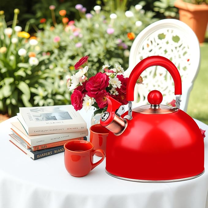 2.6 Quart Red Whistling Tea Kettle for Stovetop, Stainless Steel Teapot with Cool-Touch Handle, Loud Whistle, Wide Base, Gas Electric Induction Compatible