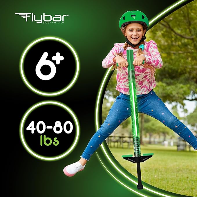 Flybar Jolt Pogo Stick for Kids, Perfect for Beginners w/Foam-Covered Metal Frame, Handles & Padding, Non-Slip Foot Pads, Wide Tip, Outdoor Active Play Toy for Boys & Girls, Ages 6+, Lime Leaper LED