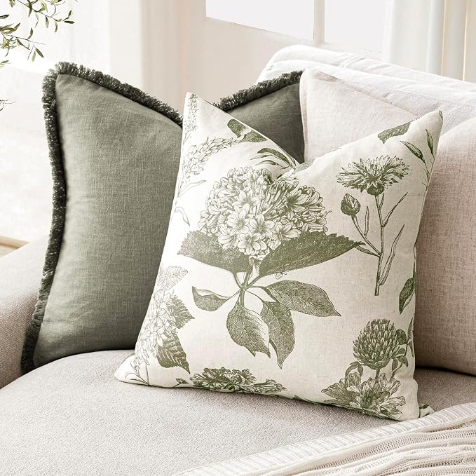 Foindtower Set of 2 Linen Floral Throw Pillow Covers Vintage Accent Print Decorative Cushion Covers Farmhouse Boho Home Decor for Sofa Chair Couch Bedroom Living Room,20×20 Inch,Sage Green