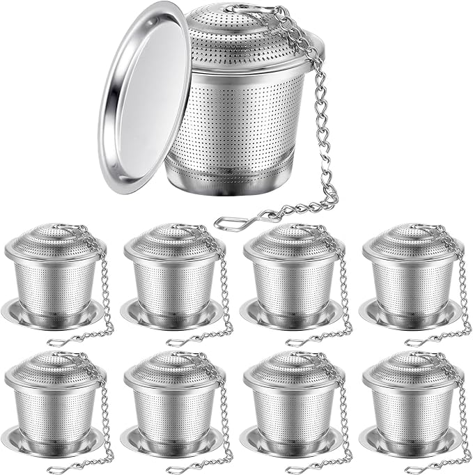 Zopeal 9 Pcs Tea Infuser Stainless Steel Strainer with Extended Chain Hook and Saucer Loose Leaf Steeper Fine Mesh Ball Tea Filter for Brew Spices Seasonings Fits Cup Mug Bottle (Large)