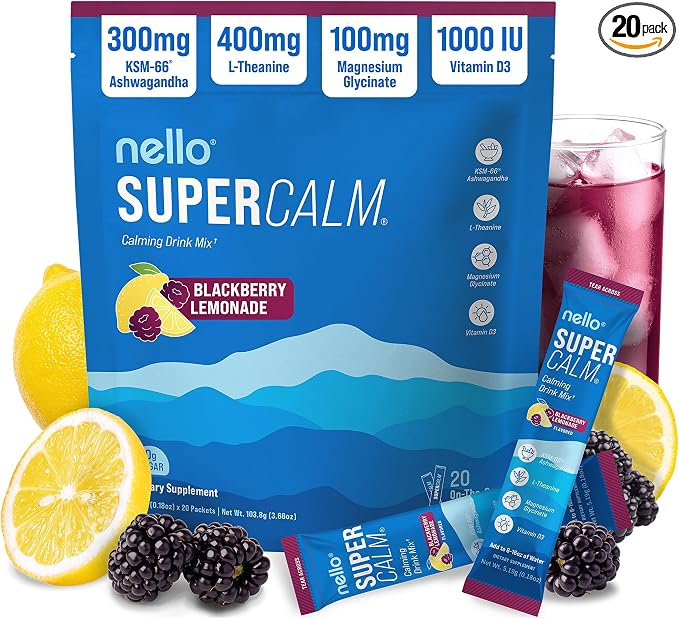 Nello Supercalm Powdered Drink Mix, Cortisol Reducer*, Sleep Aid Supplement, L Theanine, Ksm-66 Ashwagandha, Magnesium Glycinate, Vitamin D 3, No Sugar, Non GMO, 20 Ct, BlackBerry Lemonade